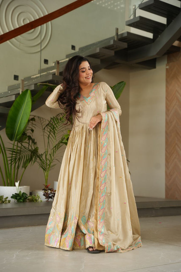 Off White Elegant Chinnon Embroidered Gown with Dupatta – Full Sleeve Premium Partywear Ensemble ClothsVilla