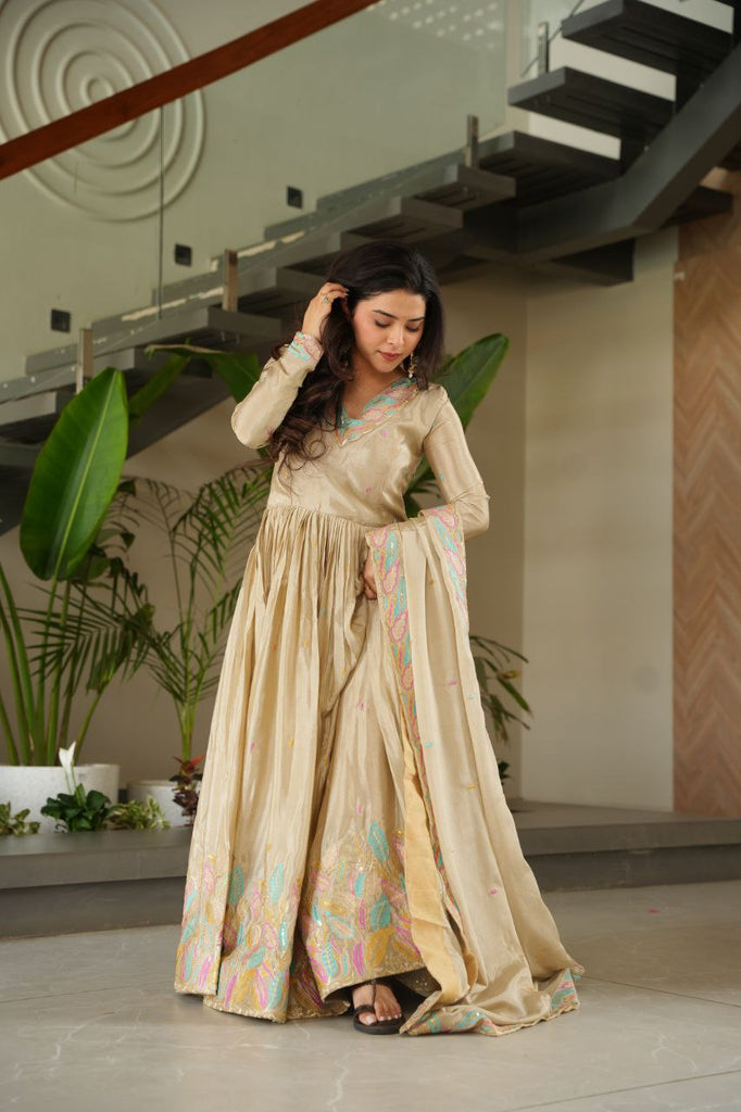 Off White Elegant Chinnon Embroidered Gown with Dupatta – Full Sleeve Premium Partywear Ensemble ClothsVilla