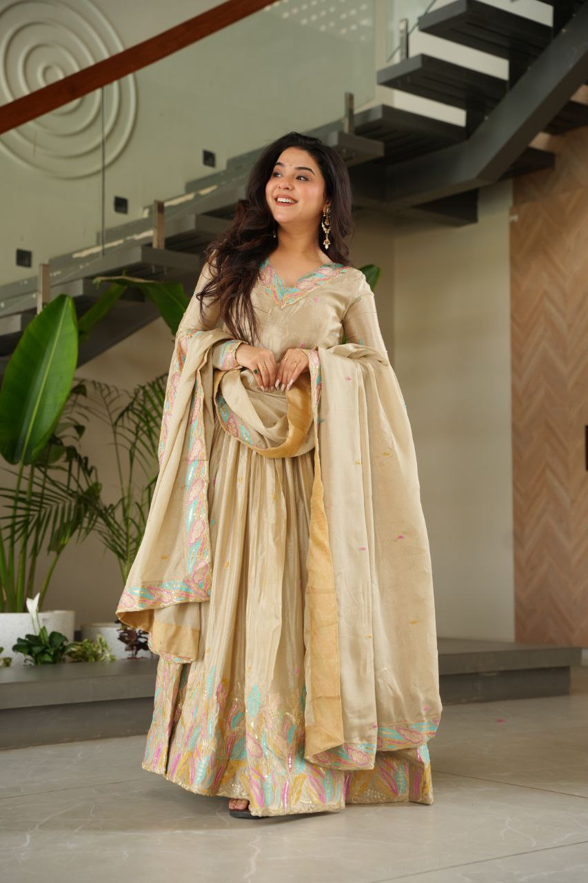 Off White Elegant Chinnon Embroidered Gown with Dupatta – Full Sleeve Premium Partywear Ensemble ClothsVilla