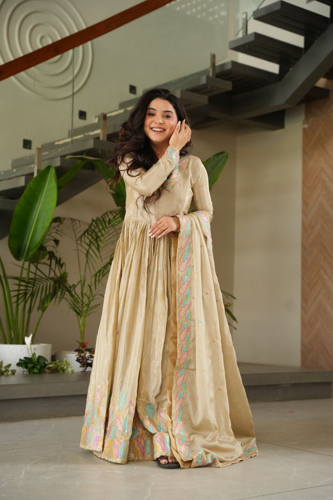 Off White Elegant Chinnon Embroidered Gown with Dupatta – Full Sleeve Premium Partywear Ensemble ClothsVilla