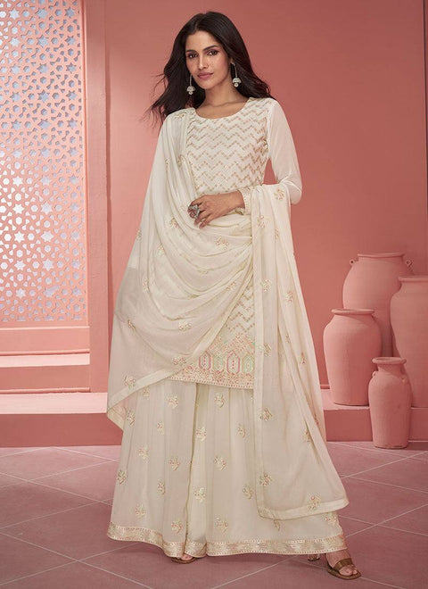 Off White Elegant Chinon Embroidered Suit Set with Dupatta ClothsVilla Main image