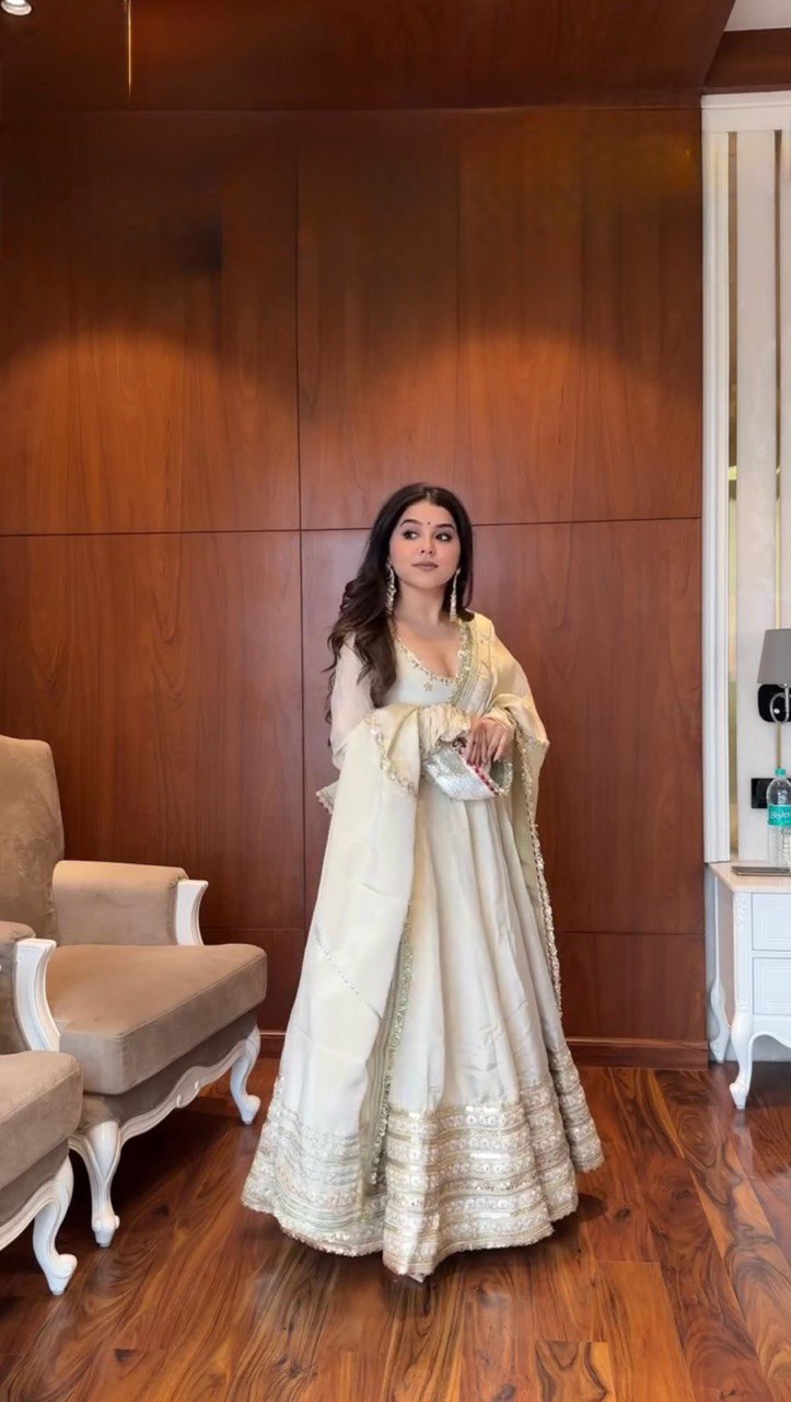 Off White Elegant Chinon Embroidered Suit Set ClothsVilla
