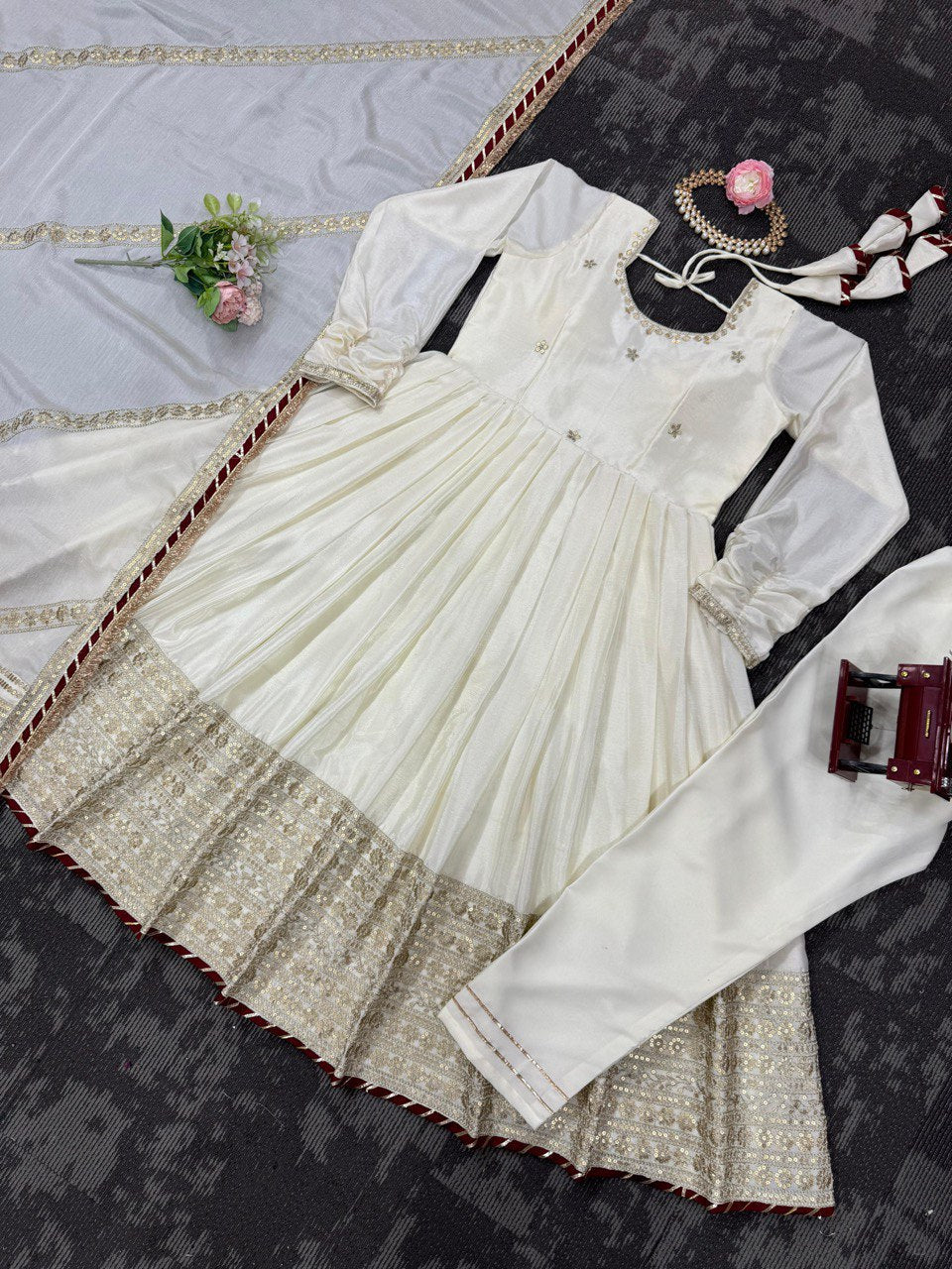 Off White Elegant Chinon Embroidered Suit Set ClothsVilla