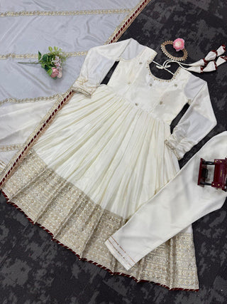 Off White Elegant Chinon Embroidered Suit Set ClothsVilla