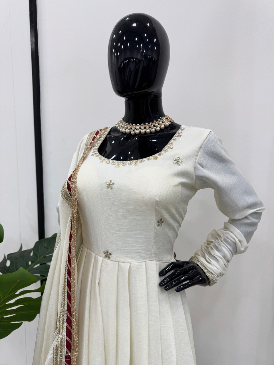 Off White Elegant Chinon Embroidered Suit Set ClothsVilla