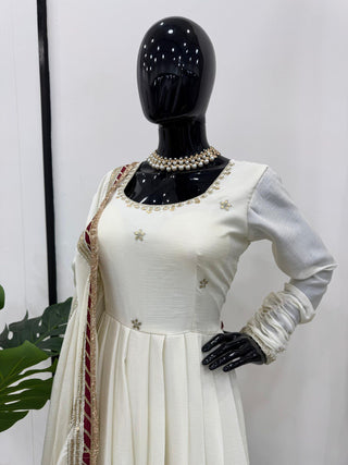 Off White Elegant Chinon Embroidered Suit Set ClothsVilla