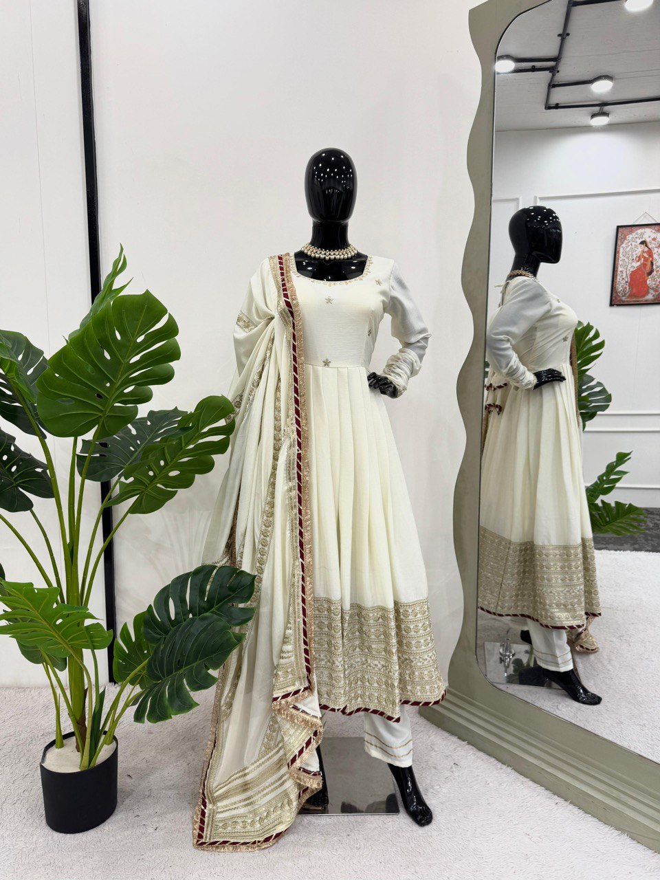 Off White Elegant Chinon Embroidered Suit Set ClothsVilla