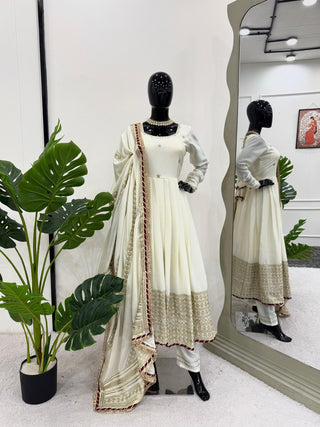 Off White Elegant Chinon Embroidered Suit Set ClothsVilla