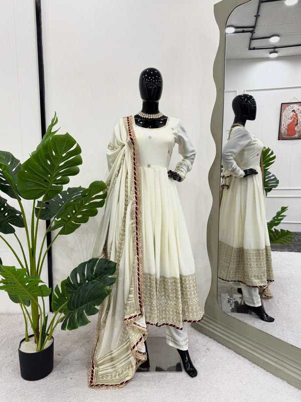 Off White Elegant Chinon Embroidered Suit Set ClothsVilla