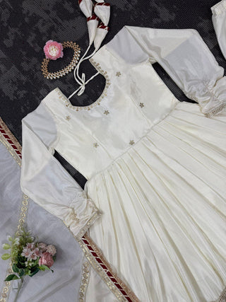 Off White Elegant Chinon Embroidered Suit Set ClothsVilla