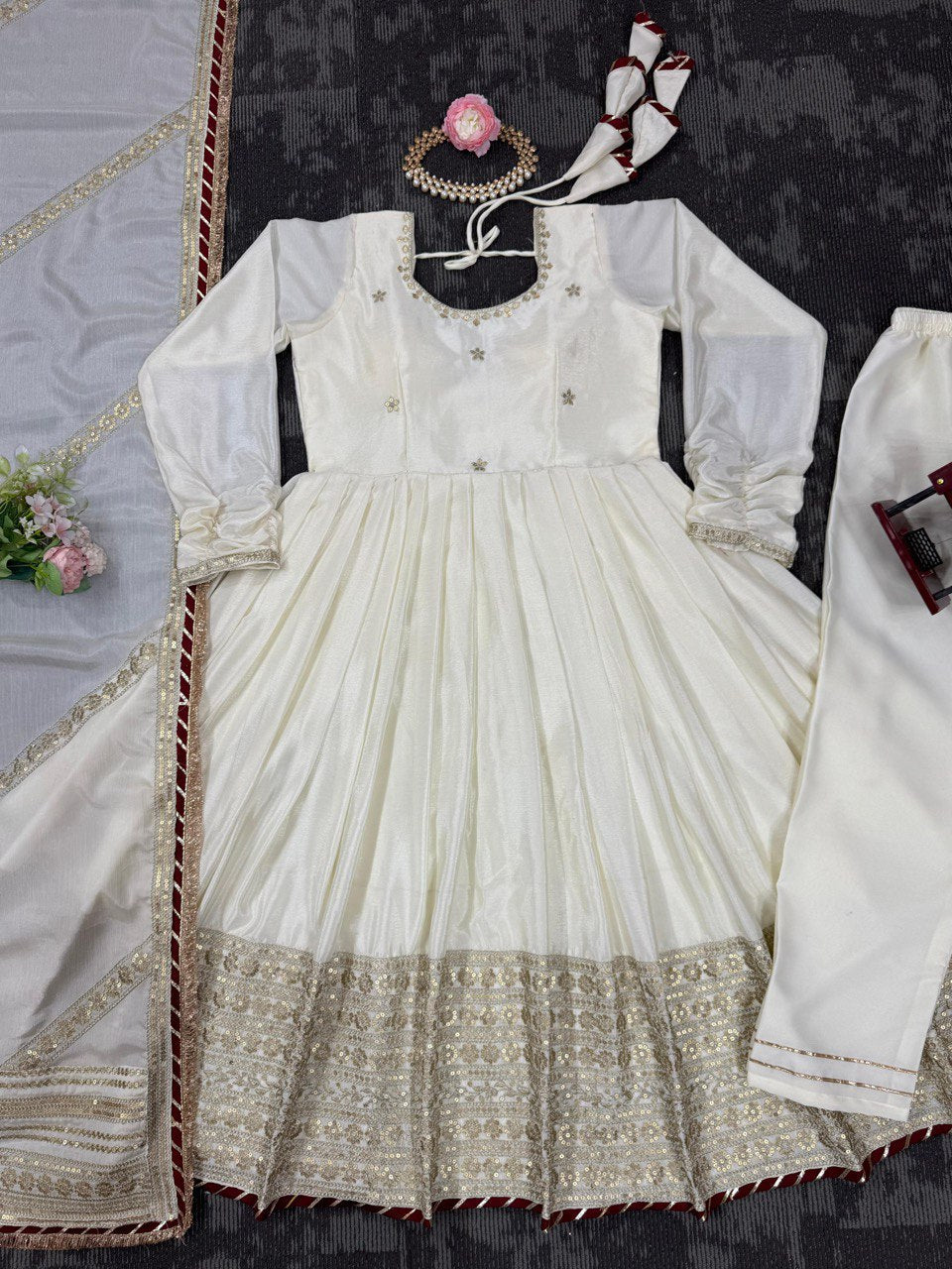 Off White Elegant Chinon Embroidered Suit Set ClothsVilla