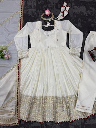 Off White Elegant Chinon Embroidered Suit Set ClothsVilla