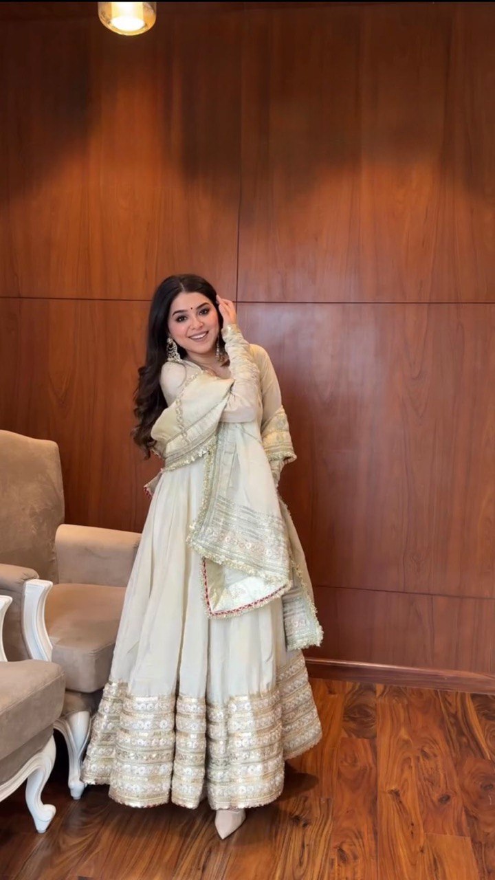 Off White Elegant Chinon Embroidered Suit Set ClothsVilla