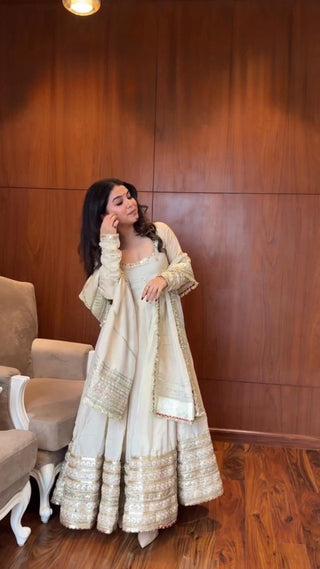 Off White Elegant Chinon Embroidered Suit Set ClothsVilla