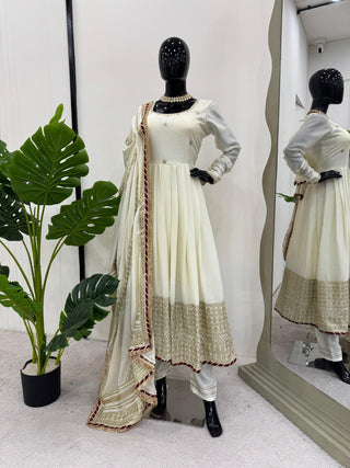 Off White Elegant Chinon Embroidered Suit Set ClothsVilla