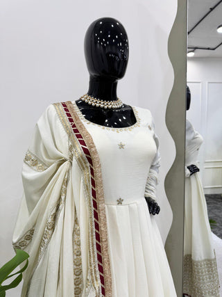 Off White Elegant Chinon Embroidered Suit Set ClothsVilla
