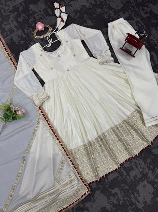 Off White Elegant Chinon Embroidered Suit Set ClothsVilla