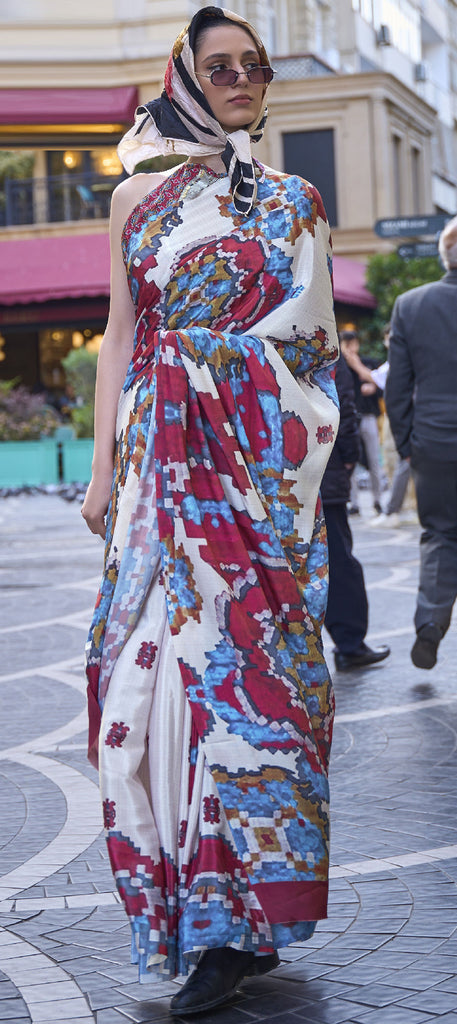 Off White Elegant Crepe Silk Saree with Digital Print – Party & Traditional Wear ClothsVilla