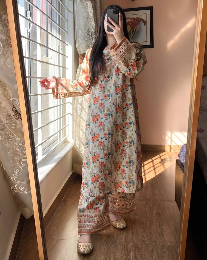 Off White Elegant Embroidered Co-ords Set with 5mm Sequin Work Roman Silk Plazzo Fully Stitched ClothsVilla Main image