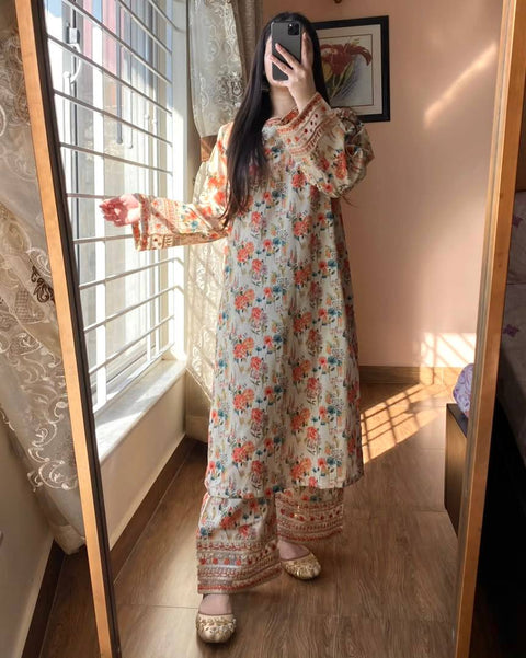 Off White Elegant Embroidered Co-ords Set with 5mm Sequin Work Roman Silk Plazzo Fully Stitched ClothsVilla Main image