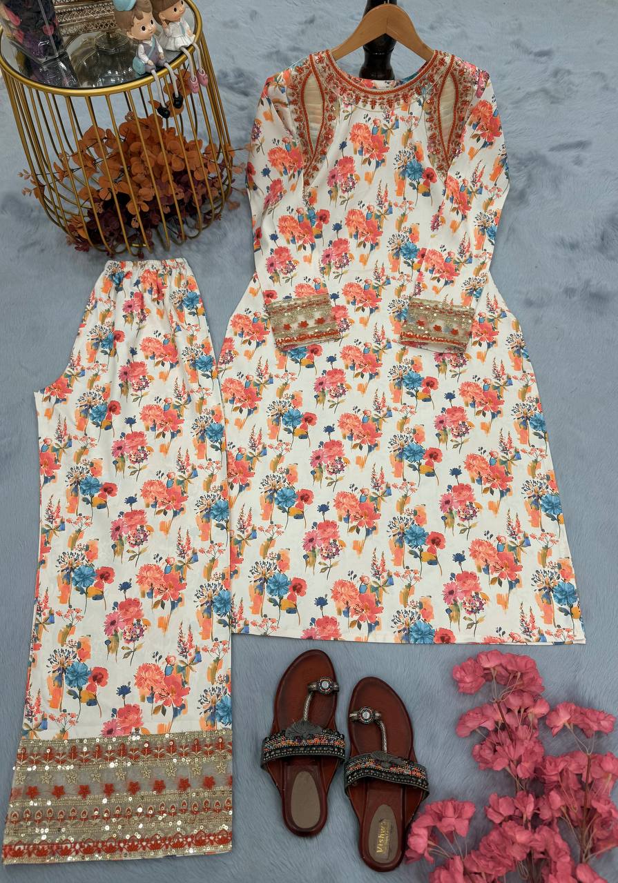 Off White Elegant Embroidered Co-ords Set with 5mm Sequin Work Roman Silk Plazzo Fully Stitched ClothsVilla