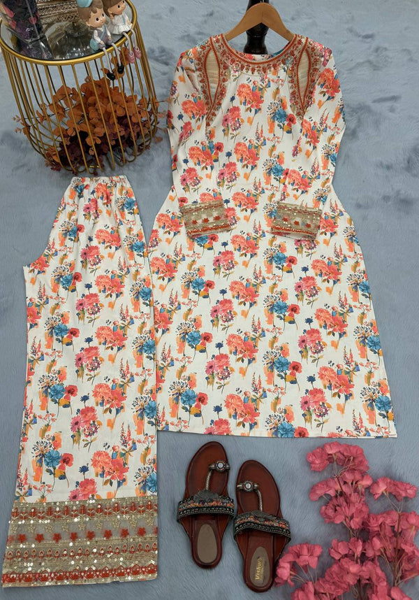 Off White Elegant Embroidered Co-ords Set with 5mm Sequin Work Roman Silk Plazzo Fully Stitched ClothsVilla