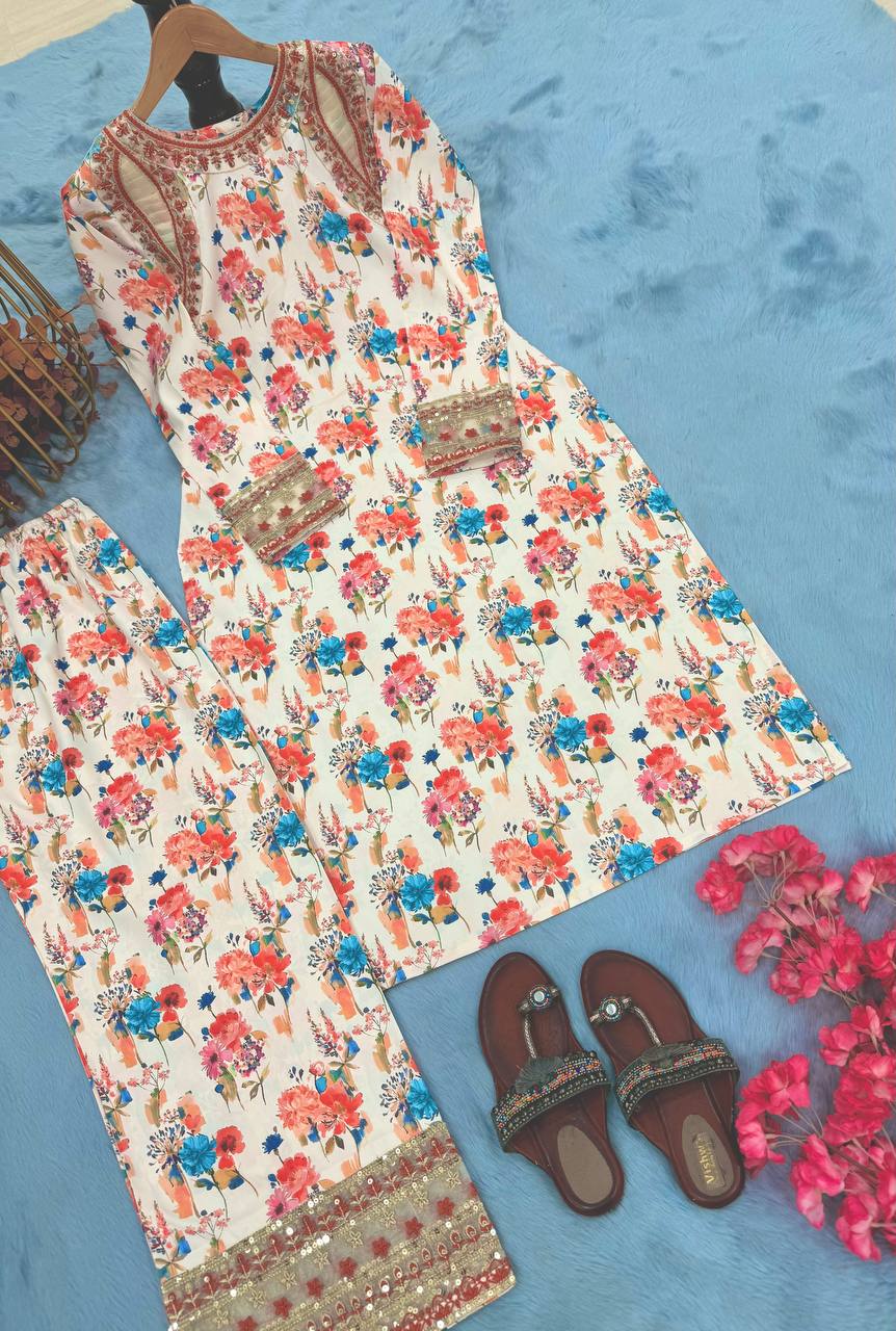 Off White Elegant Embroidered Co-ords Set with 5mm Sequin Work Roman Silk Plazzo Fully Stitched ClothsVilla