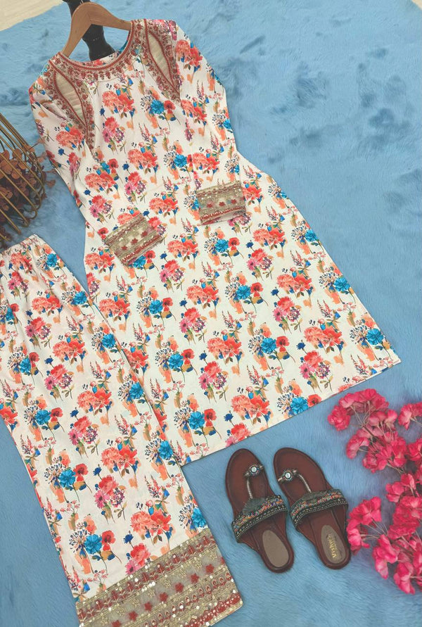 Off White Elegant Embroidered Co-ords Set with 5mm Sequin Work Roman Silk Plazzo Fully Stitched ClothsVilla