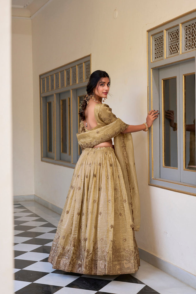 Off White Elegant Gold Crush Lehenga Set with Sequins & Off White Elegant Gold Crush Lehenga Set with Sequins &