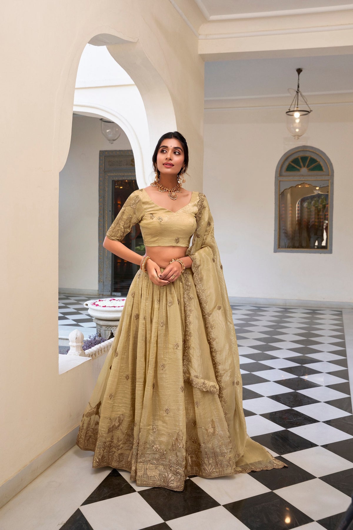 Off White Elegant Gold Crush Lehenga Set with Sequins & Thread Embroidery ClothsVilla Main image