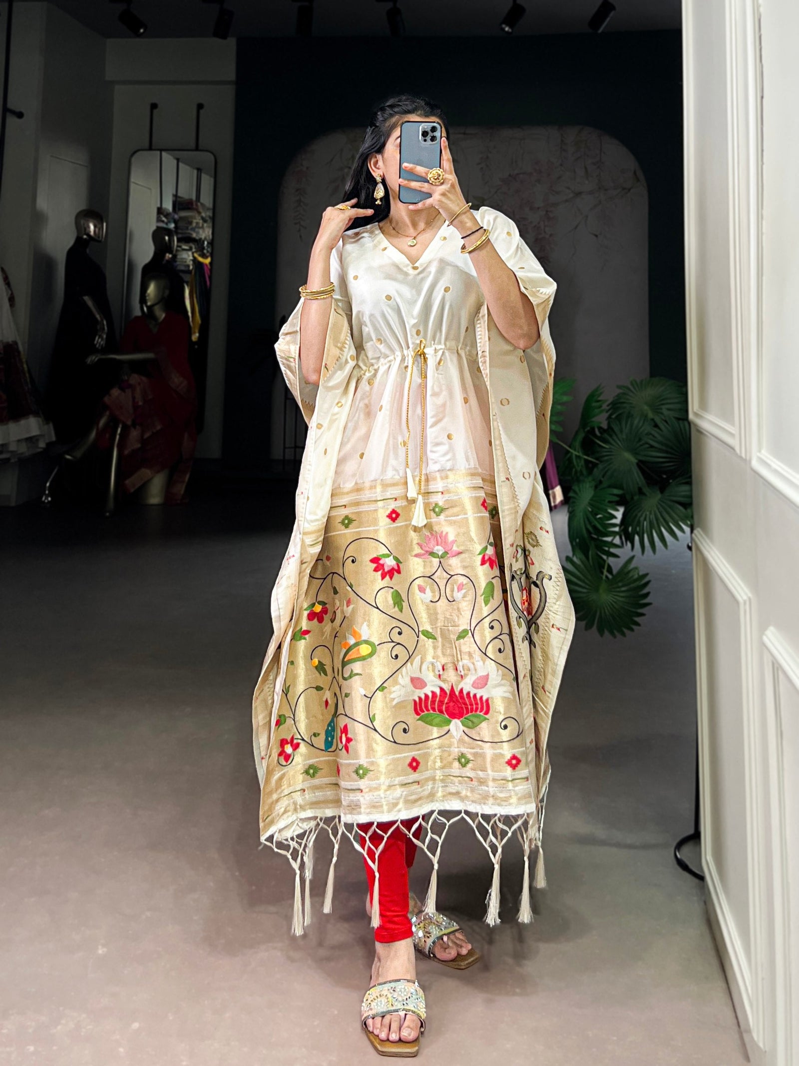 Off White Elegant Jacquard Paithani Kaftan with Zari Weaving Work ClothsVilla