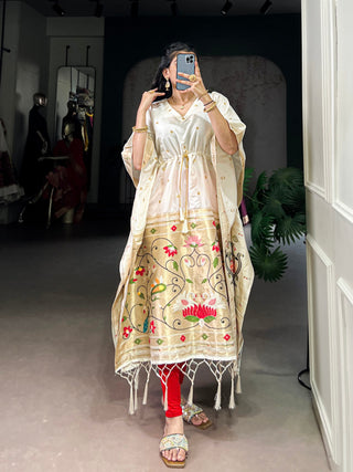 Off White Elegant Jacquard Paithani Kaftan with Zari Weaving Work ClothsVilla