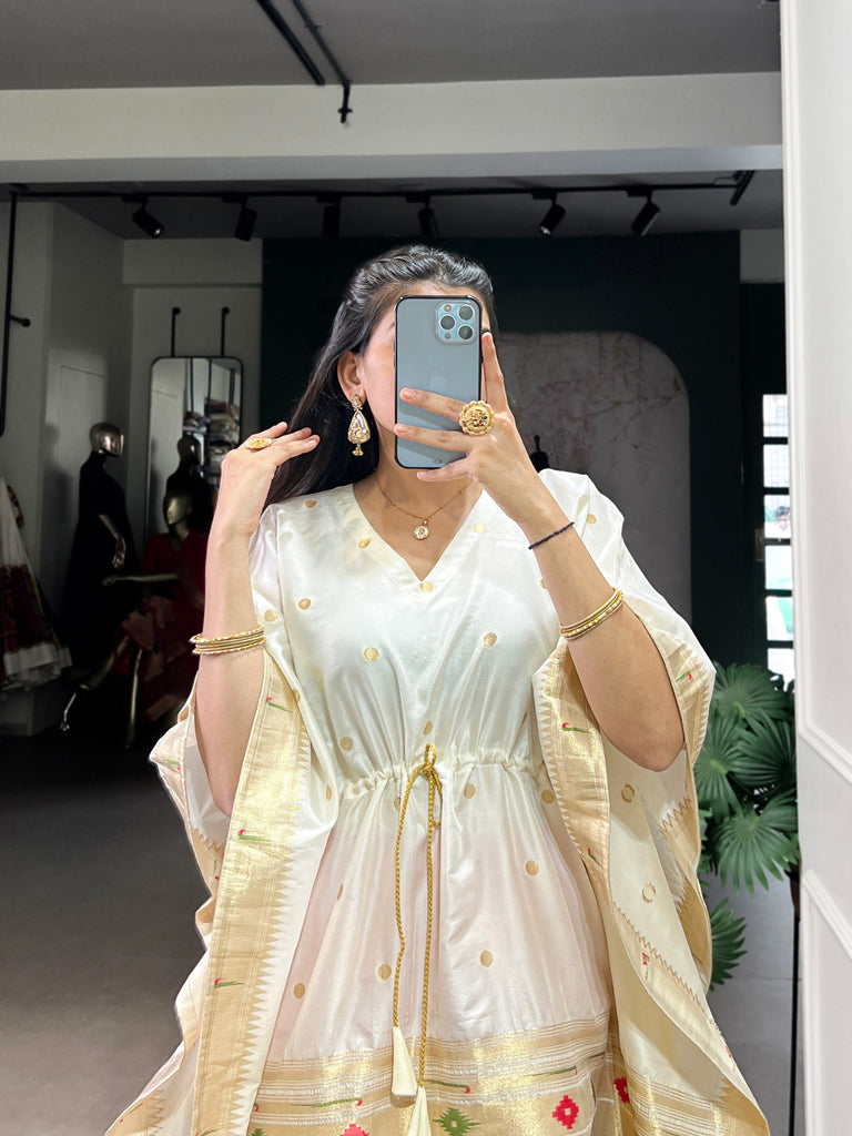 Off White Elegant Jacquard Paithani Kaftan with Zari Weaving Work ClothsVilla