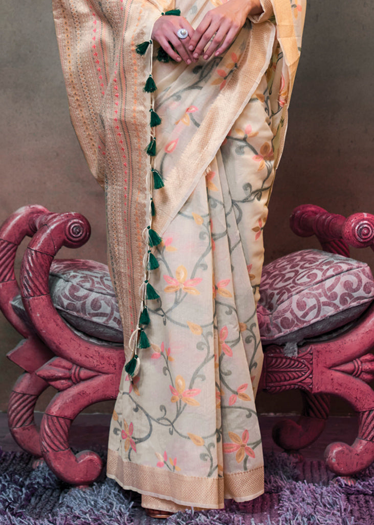 Off White Elegant Jamdani Modal Cotton Silk Saree – Timeless Weave with Intricate Motifs ClothsVilla