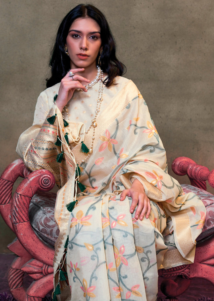 Off White Elegant Jamdani Modal Cotton Silk Saree – Timeless Weave with Intricate Motifs ClothsVilla