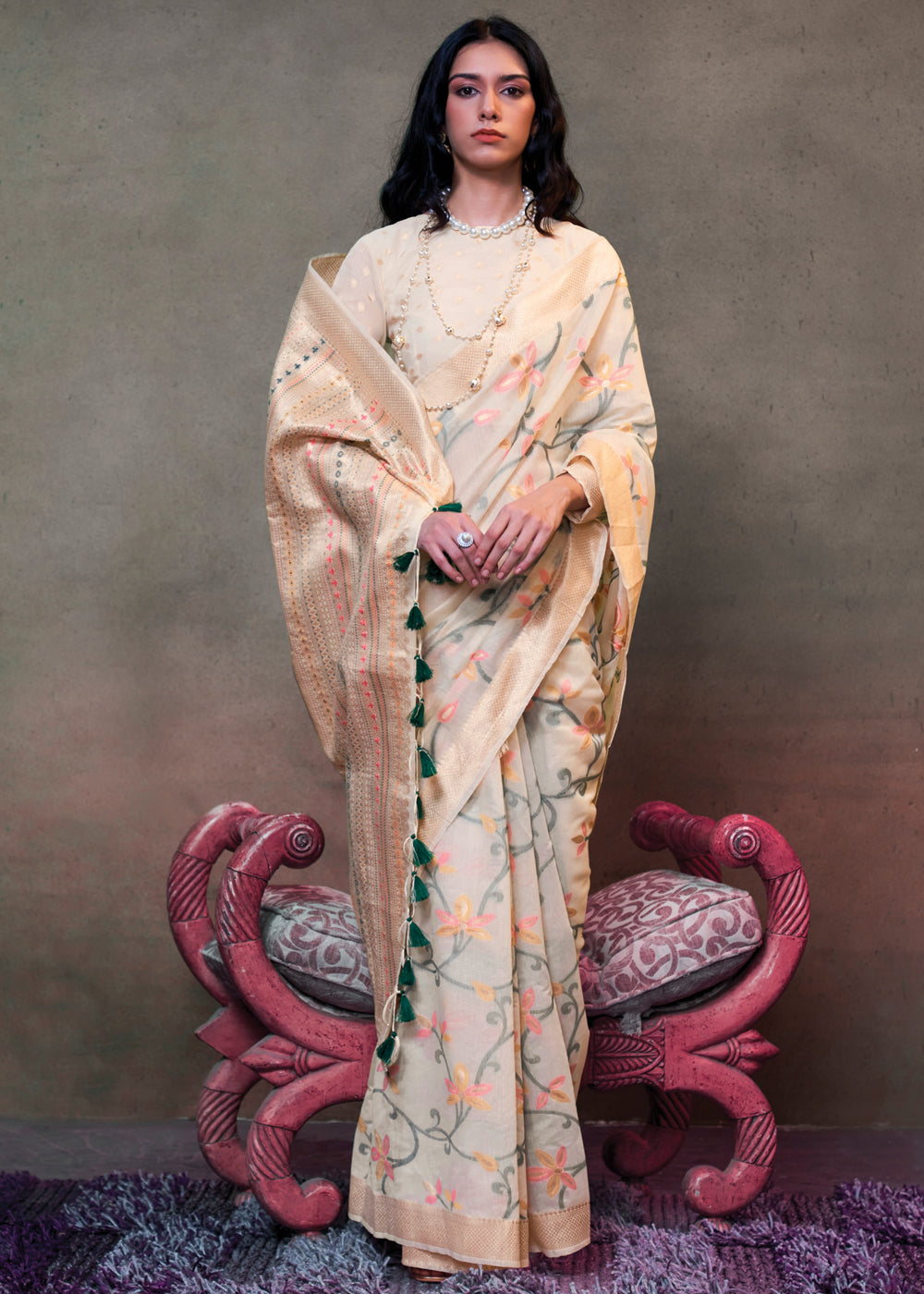 Off White Elegant Jamdani Modal Cotton Silk Saree – Timeless Weave with Intricate Motifs ClothsVilla
