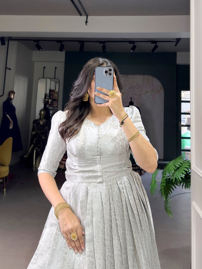 Off White Elegant Kanjivaram Zari Woven Gown with Matching Koti ClothsVilla