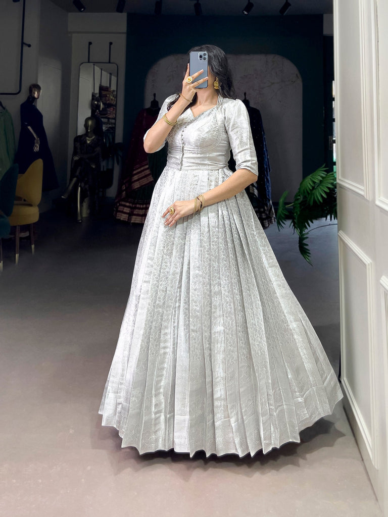 Off White Elegant Kanjivaram Zari Woven Gown with Matching Koti ClothsVilla