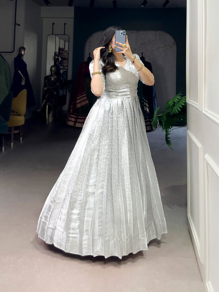 Off White Elegant Kanjivaram Zari Woven Gown with Matching Koti ClothsVilla