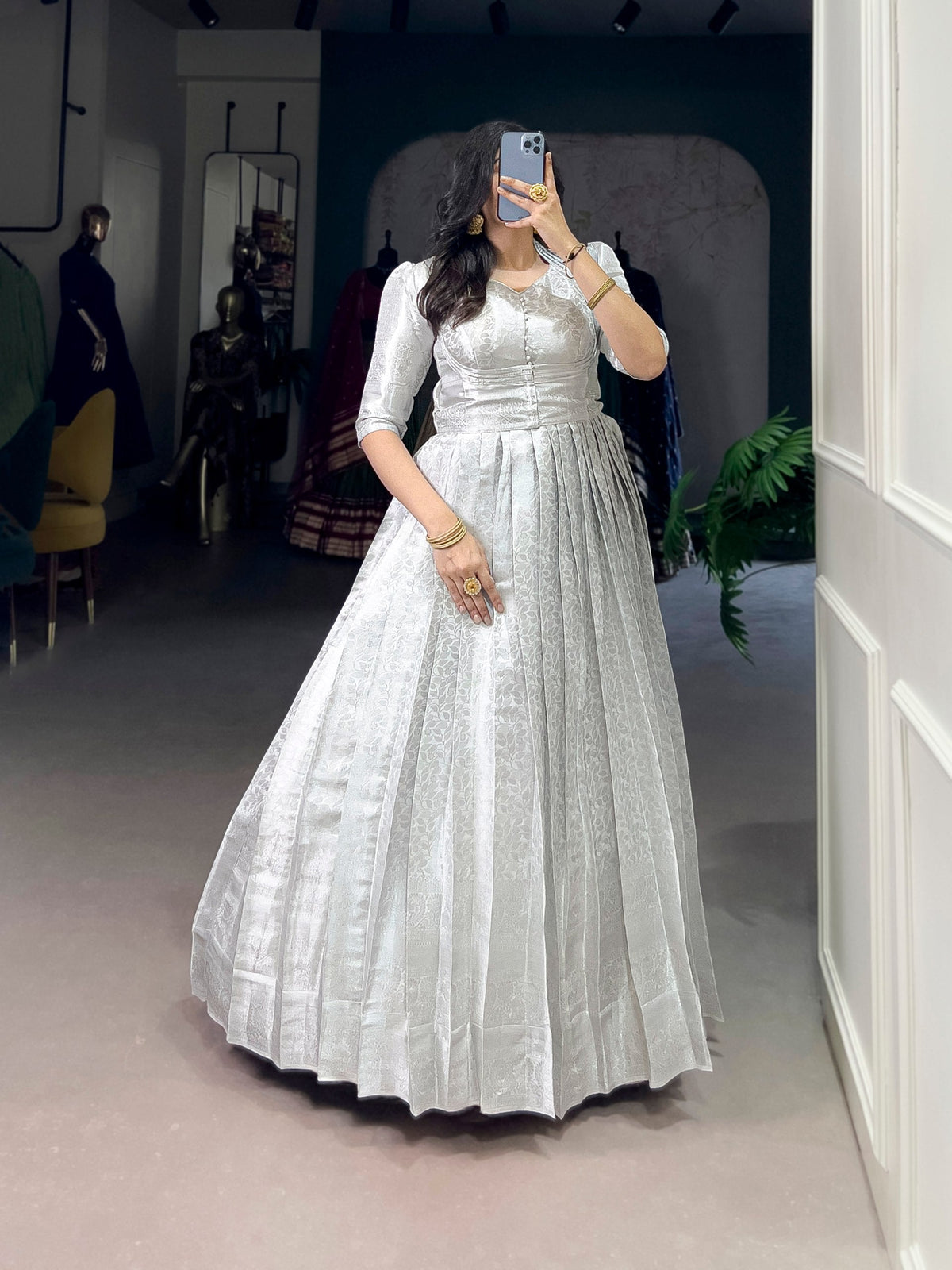 Off White Elegant Kanjivaram Zari Woven Gown with Matching Koti ClothsVilla