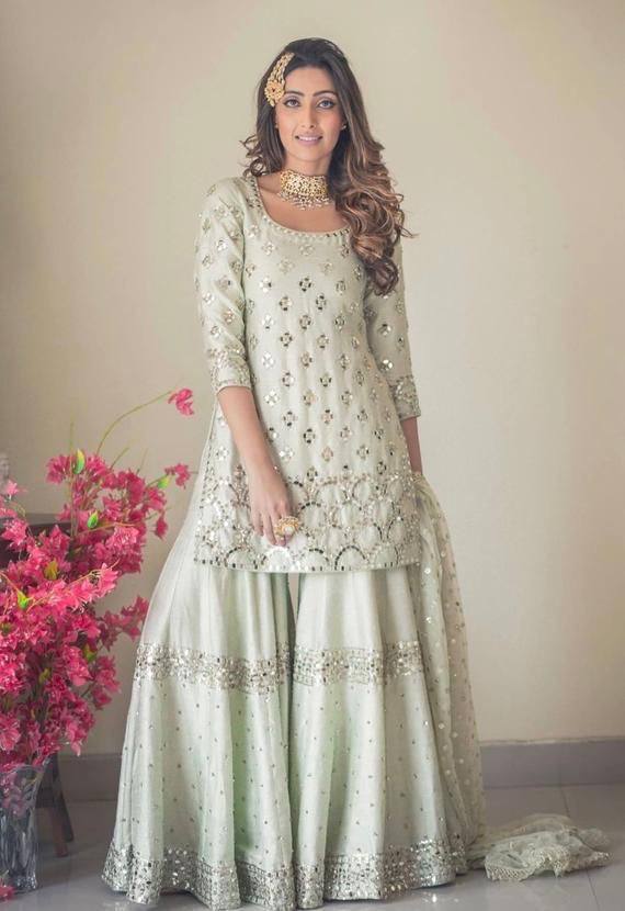 Off White Elegant Nylon Silk Embroidered Suit Set ClothsVilla Main image