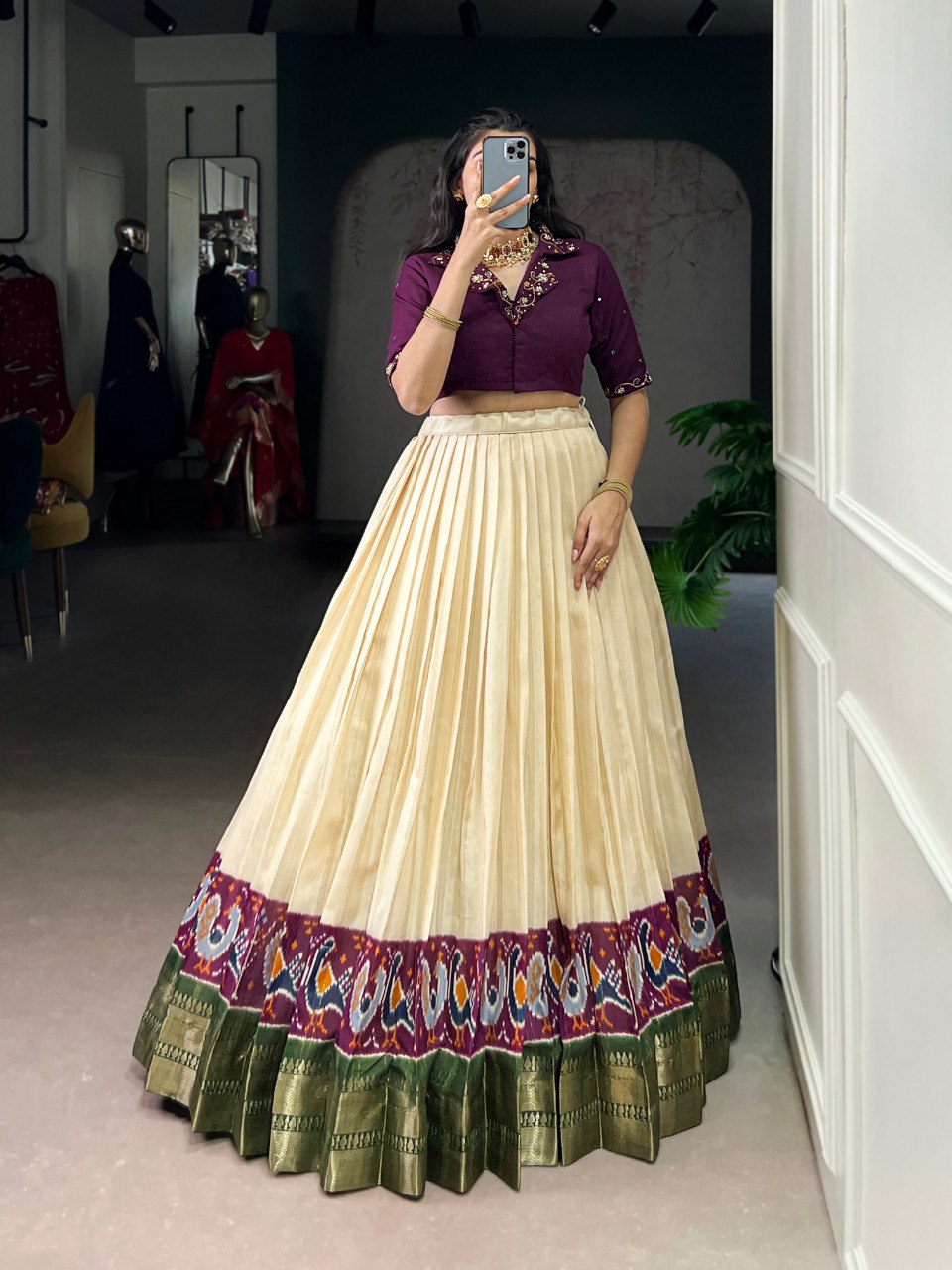 Off White Elegant Poly Cotton Printed Zari Weaving Lehenga with Handworked Pure Cotton Blouse – Stitched Traditional Ensemble ClothsVilla
