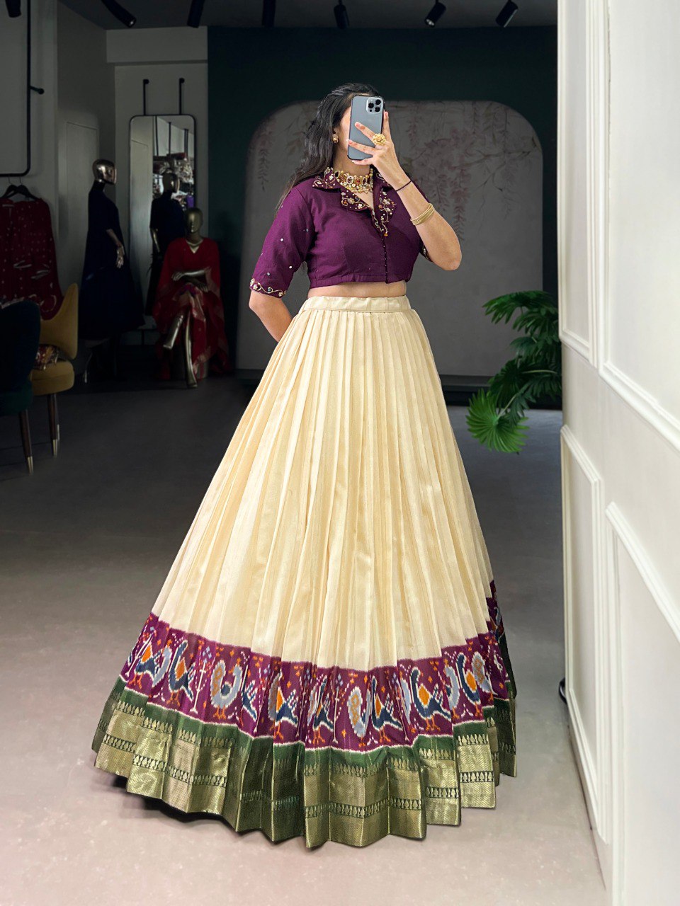 Off White Elegant Poly Cotton Printed Zari Weaving Lehenga with Handworked Pure Cotton Blouse – Stitched Traditional Ensemble ClothsVilla