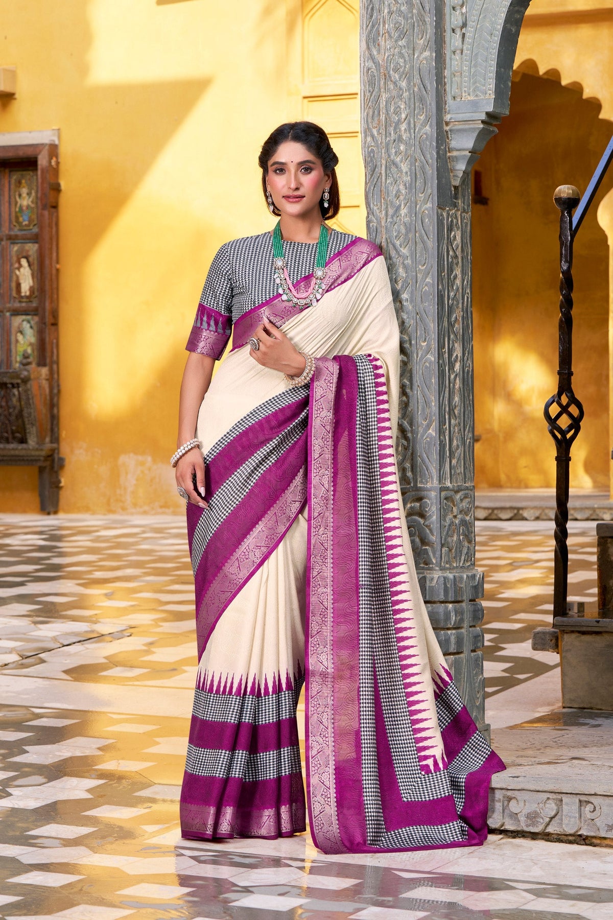Off White Elegant Poly Cotton Saree with Printed & Zari Weaving Work ClothsVilla Main image