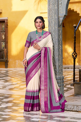 Off White Elegant Poly Cotton Saree with Printed & Zari Weaving Work ClothsVilla