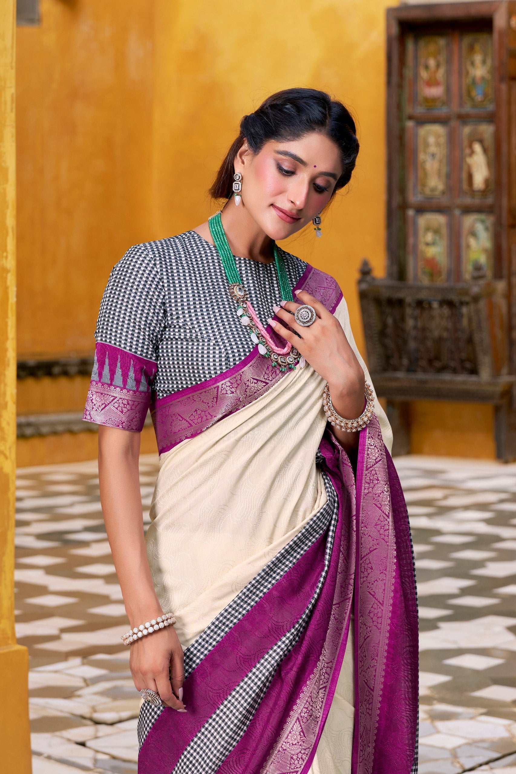Off White Elegant Poly Cotton Saree with Printed & Zari Weaving Work ClothsVilla