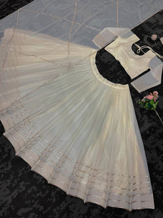 Off White Elegant Tabby Organza Semi-Stitched Lehenga Set with Digital Print & Lace Border ClothsVilla