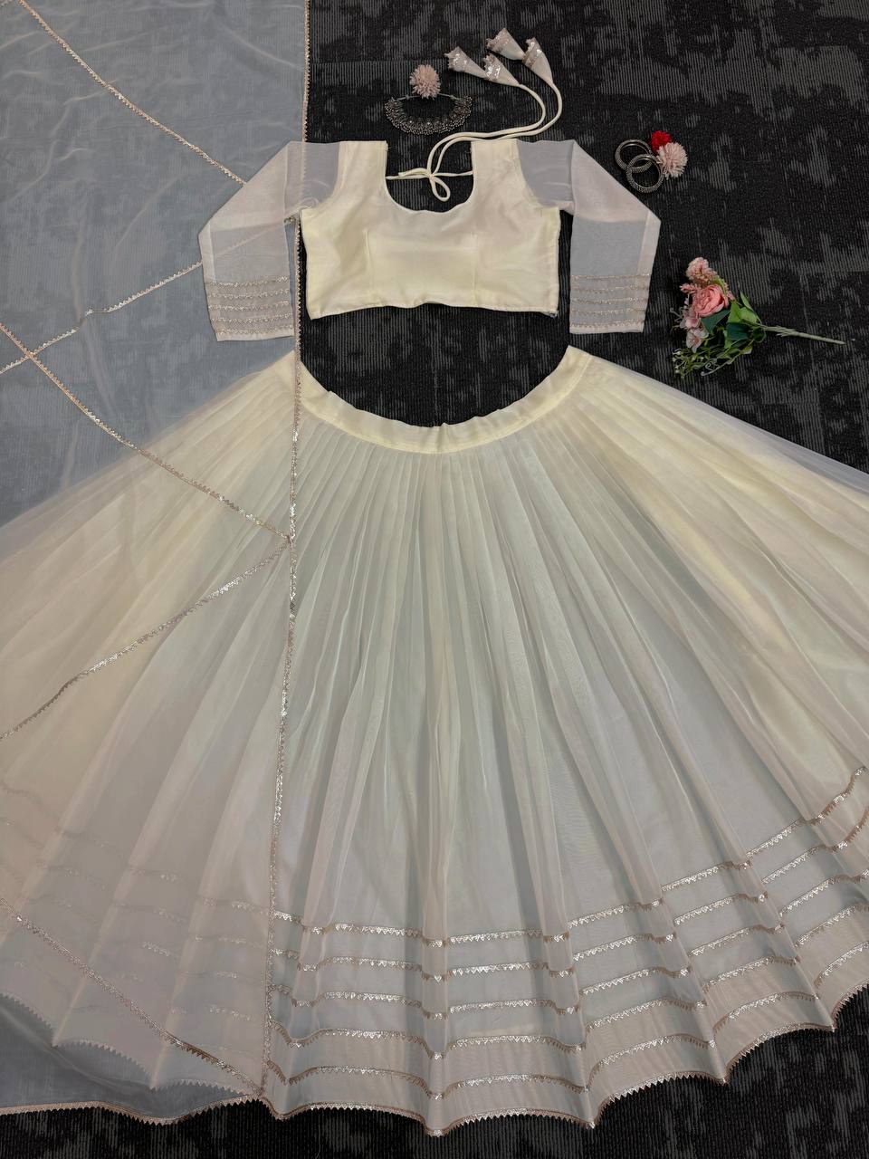 Off White Elegant Tabby Organza Semi-Stitched Lehenga Set with Digital Print & Lace Border ClothsVilla