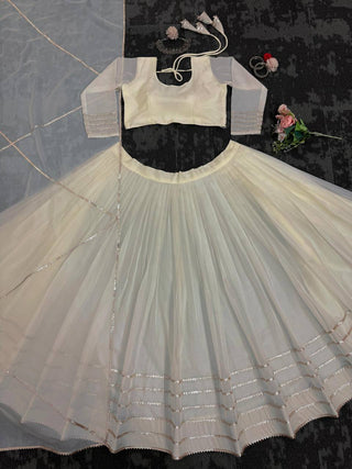 Off White Elegant Tabby Organza Semi-Stitched Lehenga Set with Digital Print & Lace Border ClothsVilla