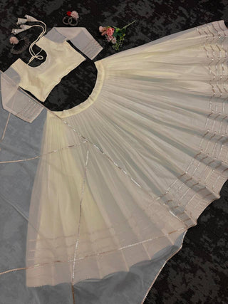 Off White Elegant Tabby Organza Semi-Stitched Lehenga Set with Digital Print & Lace Border ClothsVilla